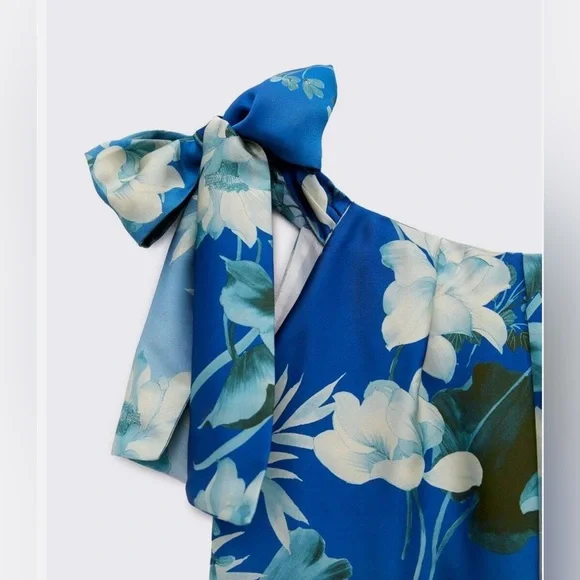 Zara Blue & White Floral One-Shoulder Wide-Leg Jumpsuit - Picture 4 of 4